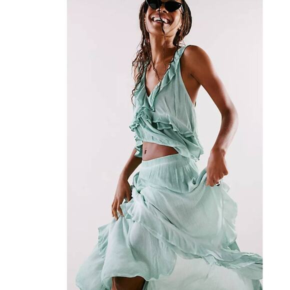 New Free People If Only Maxi Skirt Set $168 SMALL Harbor Green Boho Chic - Picture 3 of 7